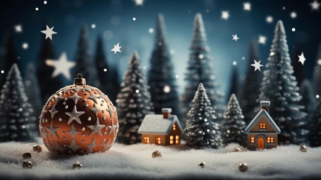 Photo arbre de pin décoré et maison de bonhomme de neige ornement d'étoile sur l'arbre boule de noël sur l'arbre ia générative