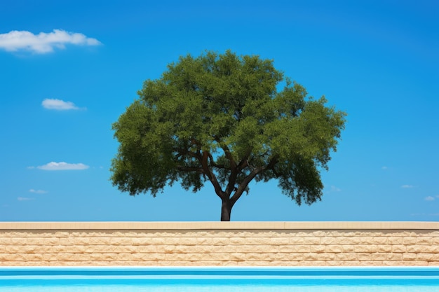 Un arbre et une piscine devant un ciel bleu ai