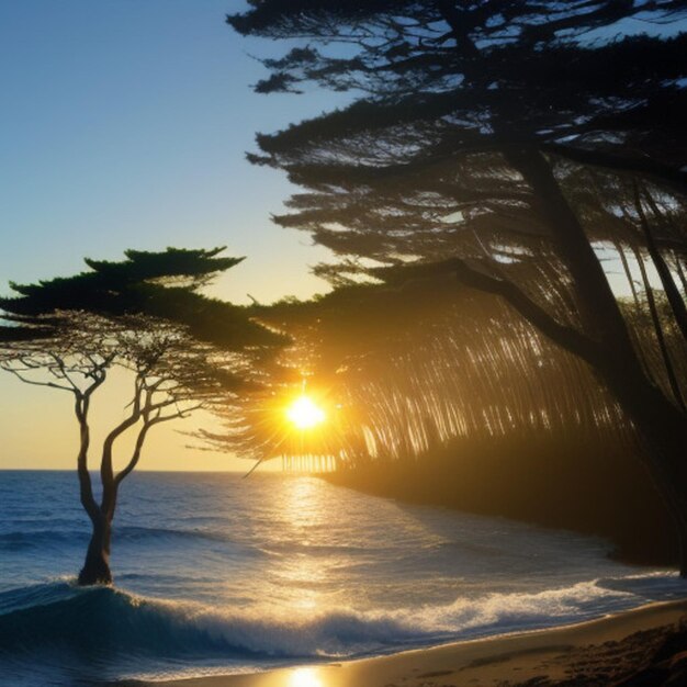 un arbre sur la plage est au premier plan et le soleil se couche derrière lui