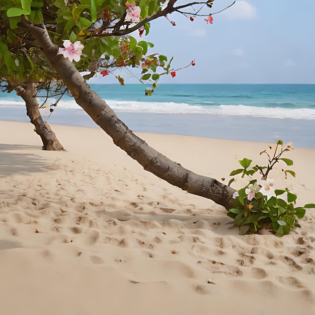 un arbre sur la plage a une fleur rose dedans