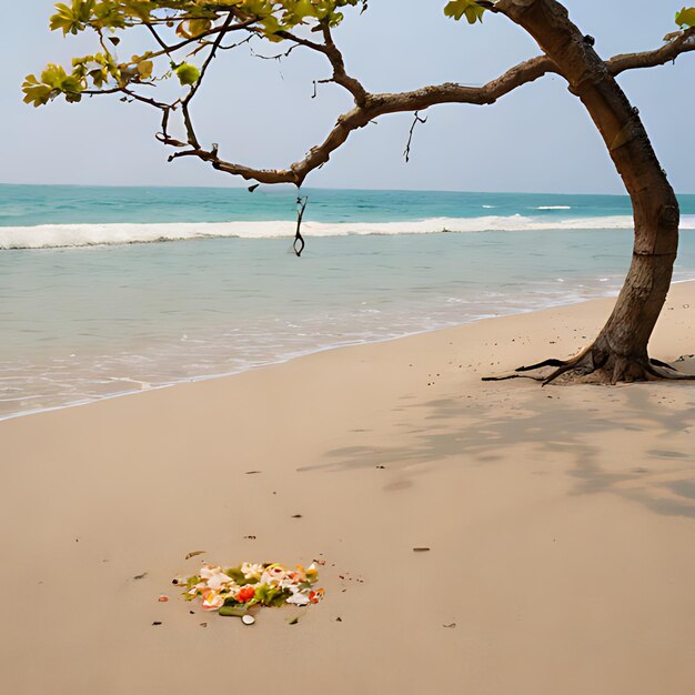 Photo un arbre sur une plage avec des fleurs dans le sable