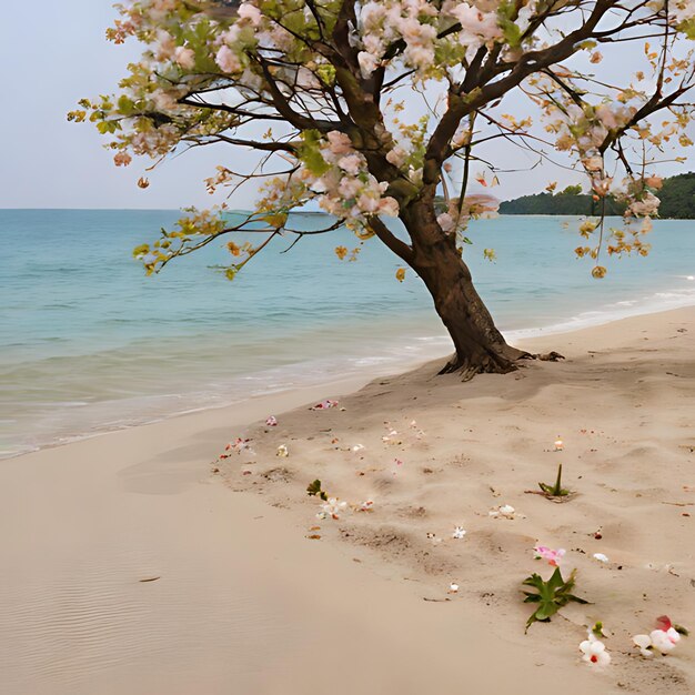 Photo un arbre sur la plage a des fleurs dans le sable