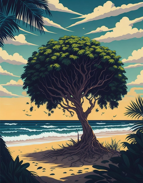 Un arbre sur la plage avec le soleil qui se couche derrière lui