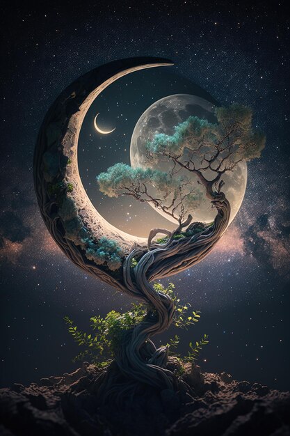 un arbre avec une pleine lune en arrière-plan
