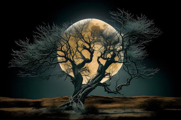 Un arbre avec une pleine lune en arrière-plan