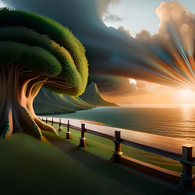Photo un arbre avec un pont en arrière-plan et le soleil qui brille à travers les nuages.