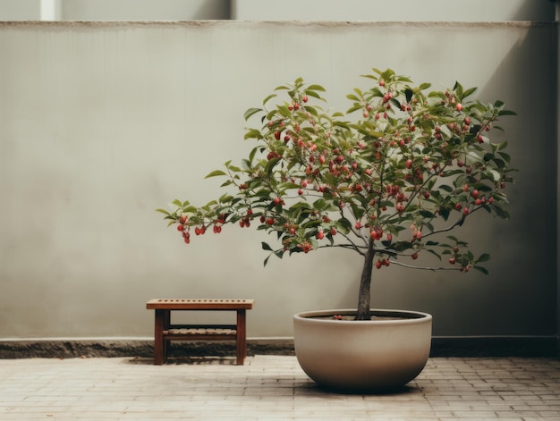 un arbre en pot avec des fruits au sol à côté d'un banc