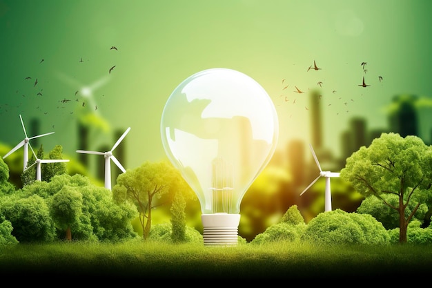 Arbre poussant sur une ampoule avec le soleil dans la nature économisant de l'énergie et le concept écologique AI Génératif
