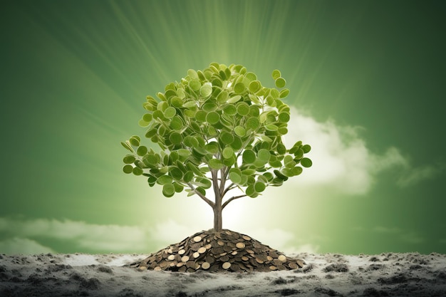 Un arbre poussant d'une pile de pièces sur un fond vert