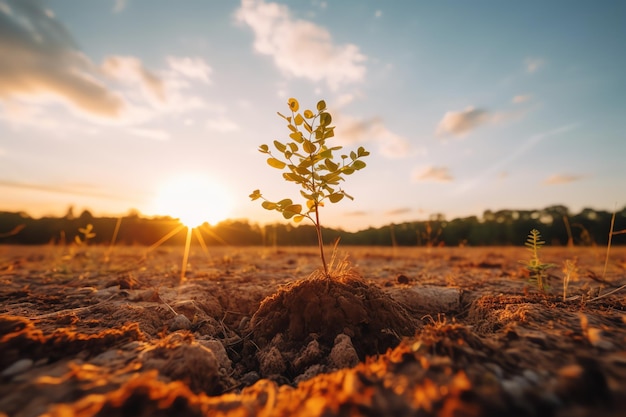 Un arbre pousse dans un champ avec le soleil couchant derrière lui.