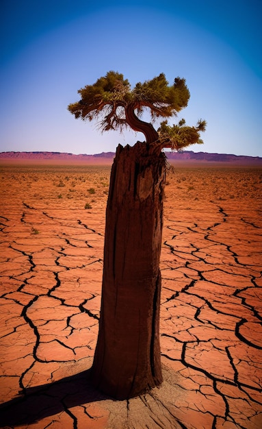 Un arbre pousse dans un désert fissuré