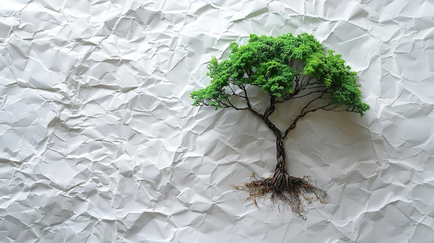 Un arbre pousse avec un papier d'artisanat ridé avec un grand espace pour le texte un concept de sauvegarde d'arbres avec une vue supérieure IA générative