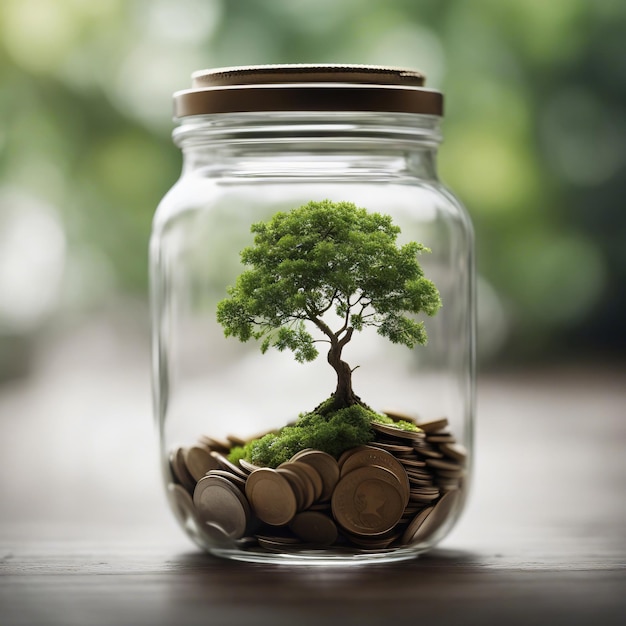 Un arbre pousse sur une pièce de monnaie dans un pot en verre concept d'épargne