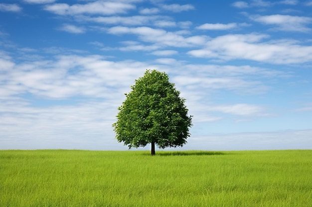 Photo arbre sur une prairie verte et un ciel bleu avec des nuages blancs en arrière-plan