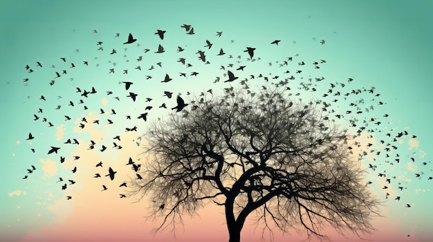 Arbre de printemps aquarelle avec oiseaux volants