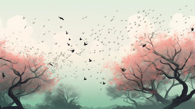 Arbre de printemps aquarelle avec oiseaux volants