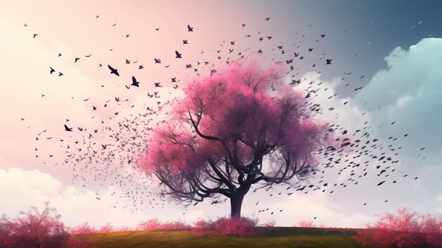 Arbre de printemps aquarelle avec oiseaux volants