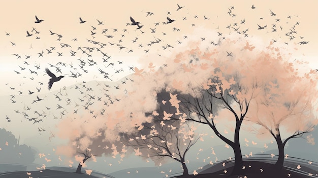 Arbre de printemps aquarelle avec oiseaux volants