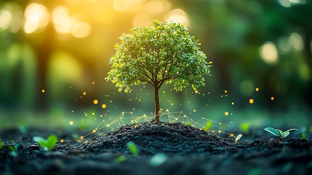 Arbre de prospérité en croissance avec des symboles de croissance financière symbolisant le concept de marché durable