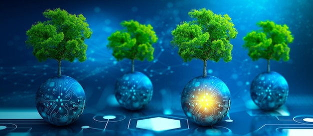 Photo arbre qui pousse sur la balle numérique du circuit convergence numérique et technologique lumière bleue et wireframe
