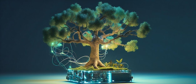 Un arbre qui pousse à partir d'un bloc électronique d'éléments futuristes