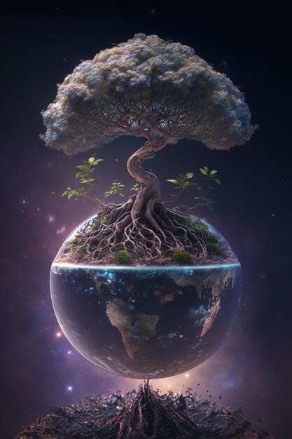 un arbre qui pousse à partir d'un globe avec des racines qui poussent à partir de lui