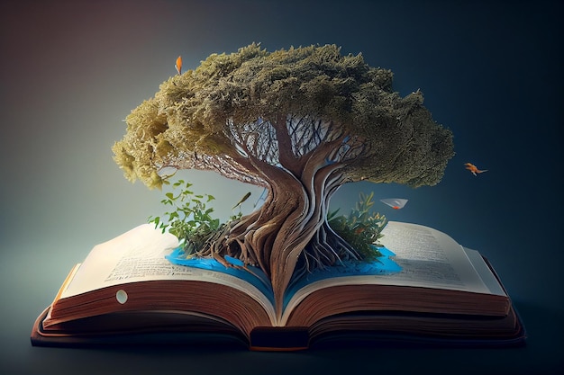 Arbre qui pousse à partir d'un livre ouvert ai générative