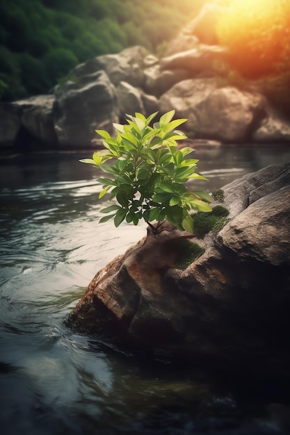 Un arbre qui pousse sur un rocher dans l'eau