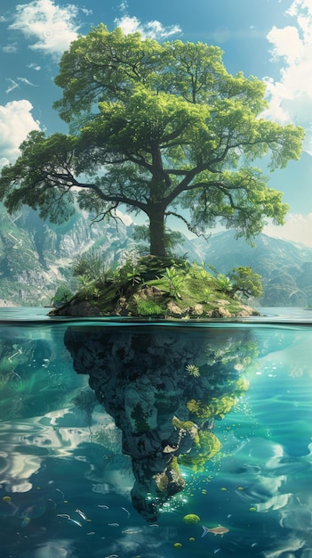 un arbre reflété dans l'eau avec un reflet d'une montagne en arrière-plan