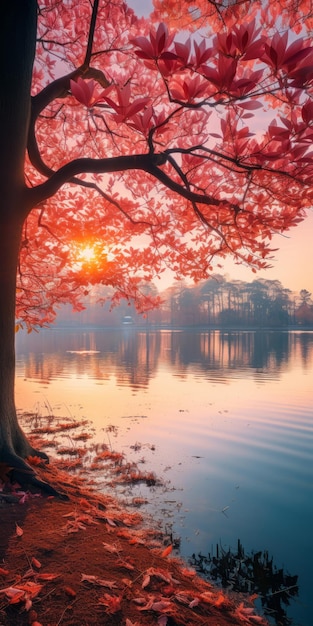 Arbre romantique avec des feuilles rouges sur un lac serein