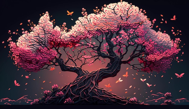 Un arbre rose avec des feuilles et des fleurs dessus