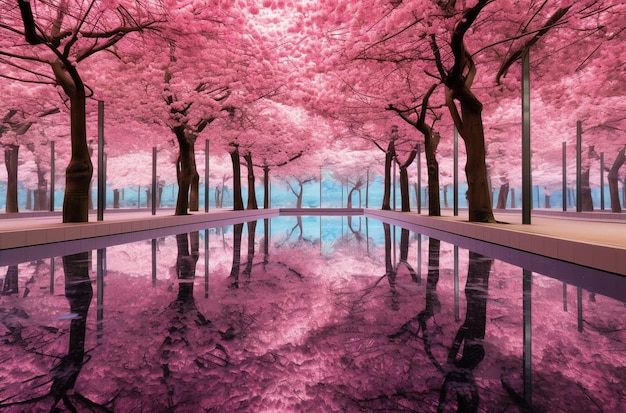 Un arbre rose avec un fond bleu et une piscine au milieu.