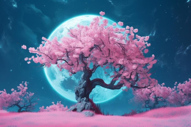 Un arbre rose avec une lune en arrière-plan