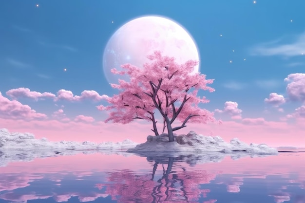 Un arbre rose sur une petite île avec une pleine lune en arrière-plan