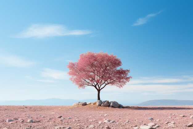 un arbre rose solitaire au milieu d'un désert