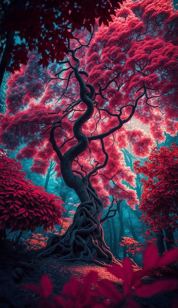Un arbre rouge au milieu de la forêt avec une IA générative de fond