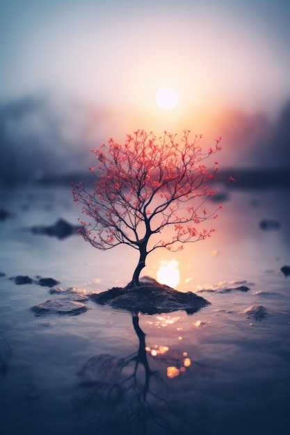 un arbre rouge au milieu d'un lac au coucher du soleil