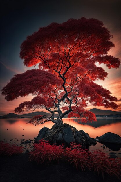 un arbre rouge est devant un lac avec un ciel rouge