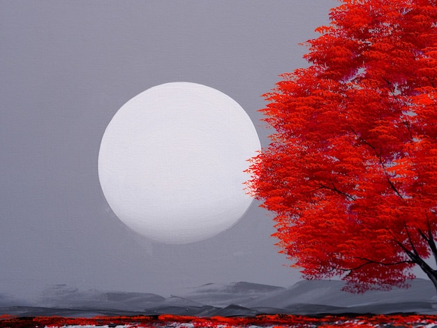 Arbre rouge avec lune sur ciel peinture sur toile