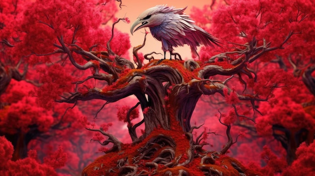 Un arbre rouge avec un oiseau dessus