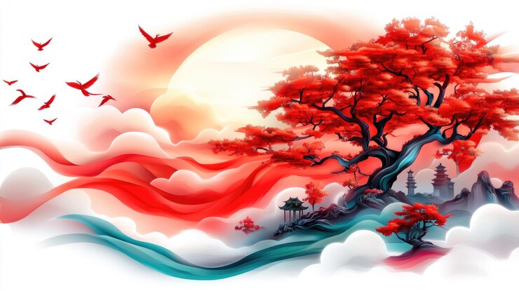 Un arbre rouge vibrant et des oiseaux dans un paysage mystique fluide Bonne année chinoise
