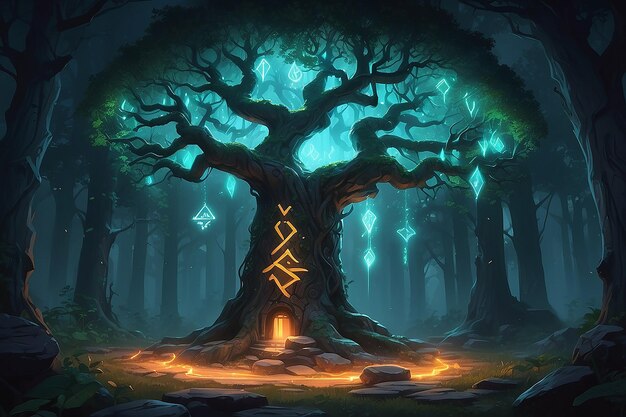 Un arbre avec des runes lumineuses