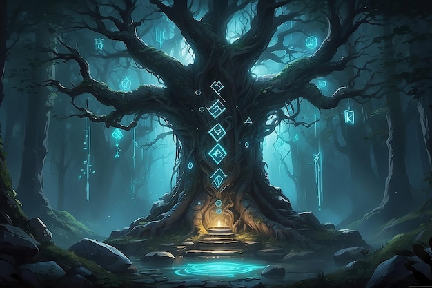 Un arbre avec des runes lumineuses