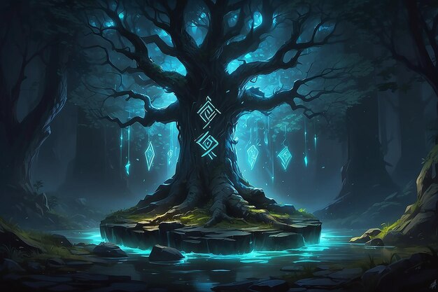 Un arbre avec des runes lumineuses