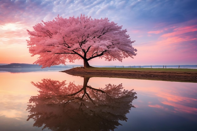 Arbre de sakura au coucher du soleil avec son reflet dans l'eau Beau paysage naturel