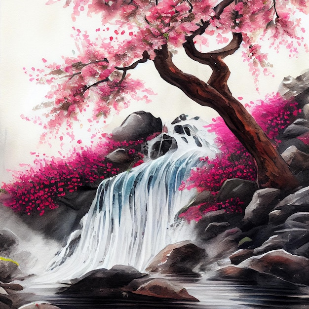Arbre de sakura de fleur de cerisier aquarelle avec fleurs roses et illustration de paysage de cascade