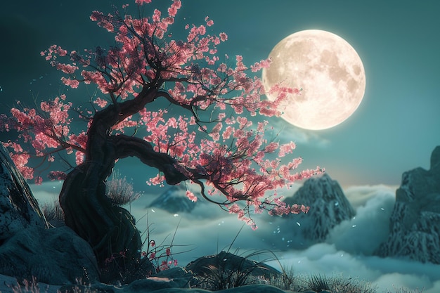Un arbre de sakura en fleurs avec une lune pleine dans le dos