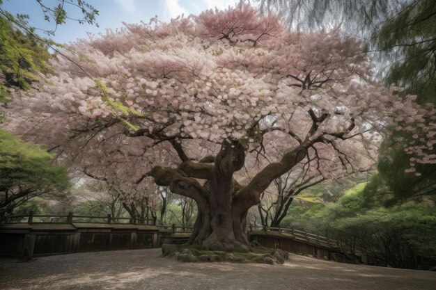 Arbre Sakura en pleine floraison entouré d'une végétation luxuriante créé avec une IA générative