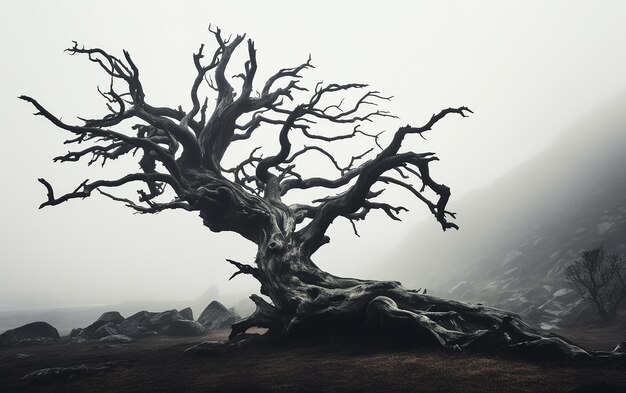 Un arbre sans feuilles est dans le brouillard.