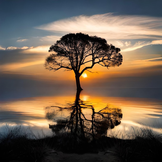 Un arbre se découpe sur un ciel au coucher du soleil.